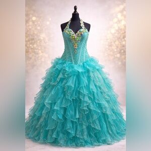 Turquoise Layered Prom Dress - Size 8